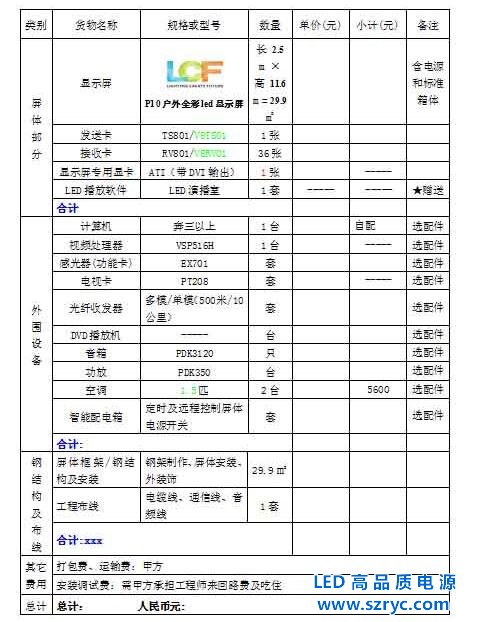 戶外全彩LED顯示屏報(bào)價(jià)清單列表