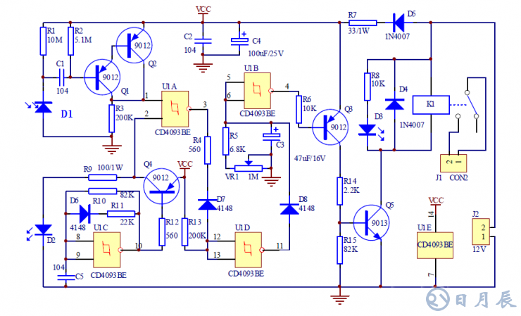 紅外接近開關電路 本例紅外接近開關電路是通過檢測發射的紅外線信號是否被發射來判斷前方是否有物體，從而控制繼電器的開關動作來控制其它電路（本例省略）。.png